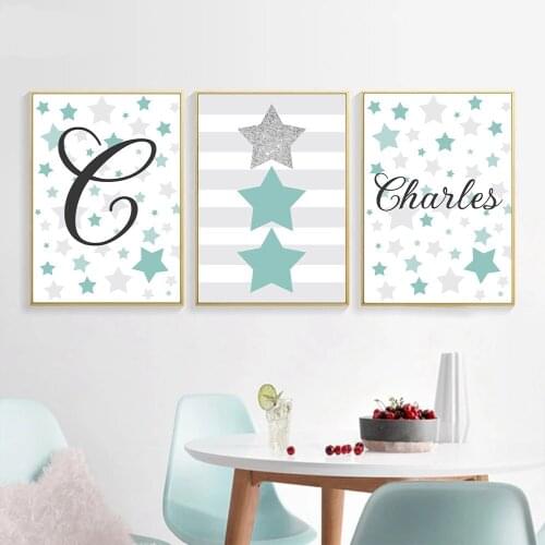 Personalized Custom Name Poster Green Silver Star Art Prints Baby Nursery Canvas Painting Nordic Pictures Living Room Home Decor