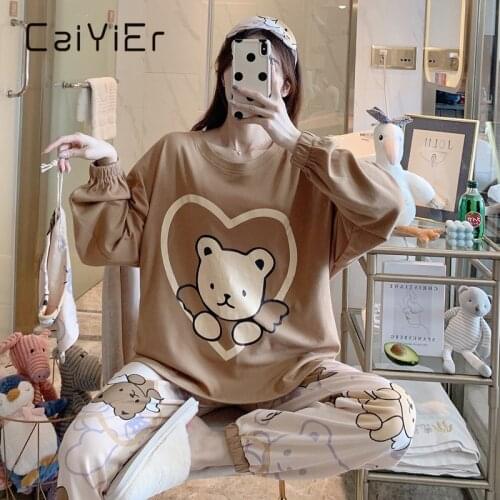 CAIYIER 2020 Lovely Bear Print Pajama Set O-Neck Long Sleeve Women Sleepwear Thick Sexy Nightwear With Cloth Bag Loungwear M-2XL