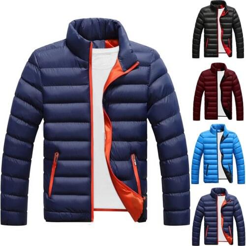 Fashion Men Winter Stand Collar Solid Color Cotton Padded Warm Puffer Jacket