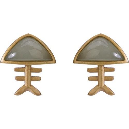 S925 sterling silver gold plated Hetian gray jade stud earrings personality fashion Fishbone earring pendant for ladies earrings