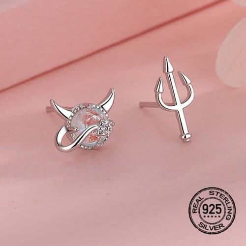 S925 Silve Earrings Asymmetric For Women Zircon Trendy Cute Little Devil Design Fashion High Quality Student Girl Jewelry INEFFA