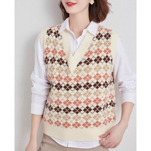 Wool Sweater Vest Women 2020 Winter Korean Style Vintage Argyle Plaid V Neck Sleeveless Pullover Waistcoat Knit Tank Tops T554