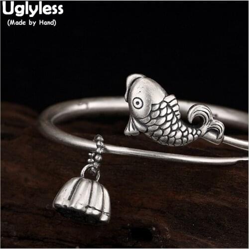 Uglyless 100% Real Solid 990 Pure Silver Lotus Charm Bangles for Women Handmade Carved Fishes Bangle Push-pull Bracelets Ethnic