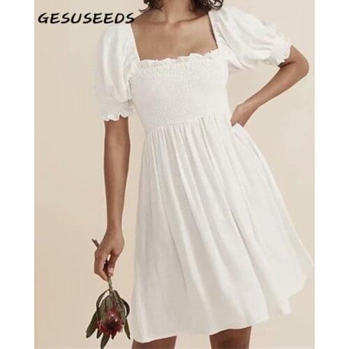 Vintage dress women puff sleeve dresses summer a line mini dress ruffle square collar dresses backless french party dress white