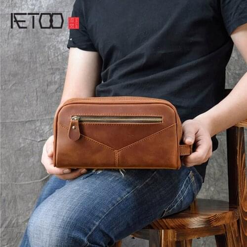 AETOO Vintage leather clutch, Crazy Horse leather multi-function storage bag, casual toiletry bag