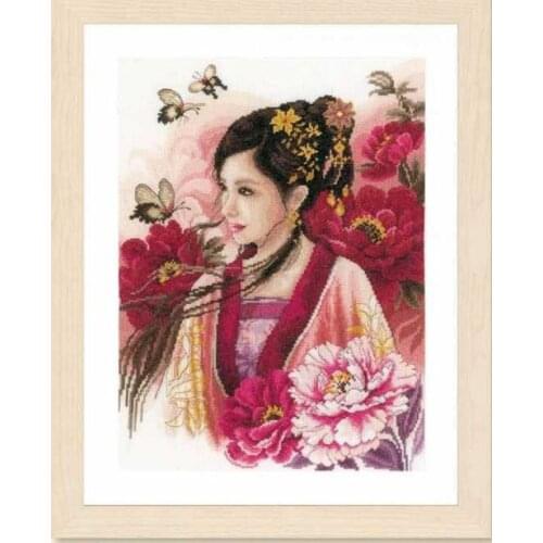 YZXINYUAN Gold Collection Beautiful Counted Cross Stitch Kit Asian Lady in Pink Girl Woman Lass and Peony Flower Peonies