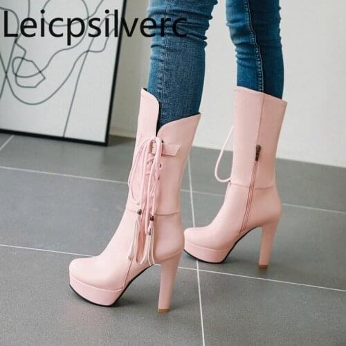 Womens Boots New winter fashion Round head zipper High heel Middle tube Womens shoes plus size 34-43 Heel Height 11.5cm black