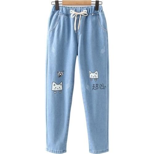 Blue Solid Cartoon Print Washed Casual Ankle Length Denim Jeans Woman 2020 Winter Sweet Style Plus Velvet Warm Fleece Trousers