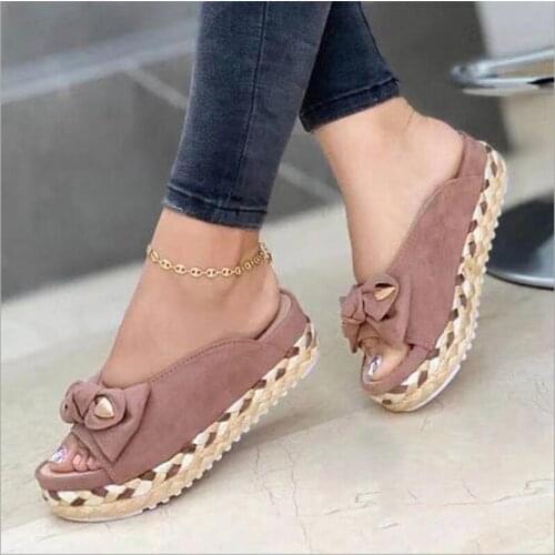 2021 Women Slippers Summer Platform Wedges Mid Heels Bow Tie Peep Toe Fashion Slides Beach Outdoor Ladies Shoes Zapatos De Mujer