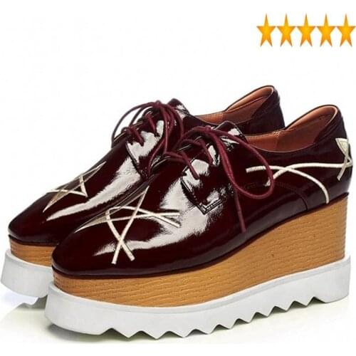 Vintage Leather British Lace Genuine Up Star Embroidered Wedge Pumps Platform Woman Street Thick-Sole High Heels Shoes