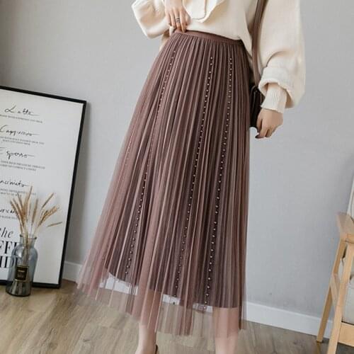 Female Pleated Womens Skirt Autumn Winter Fashion Elastic High Waist Velvet Skirts Women 2020 Casual Party Beading Tulle Skirt