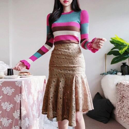 New arrival comfortable work style women sets striped knit elasticity top and lace a-line skirt vintage elegant cute women sets