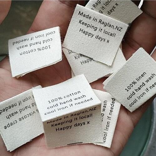 1000pcs Custom loop fold natural cotton washing tag ribbon cloth print care label Cotton/Linen/Viscose crepe