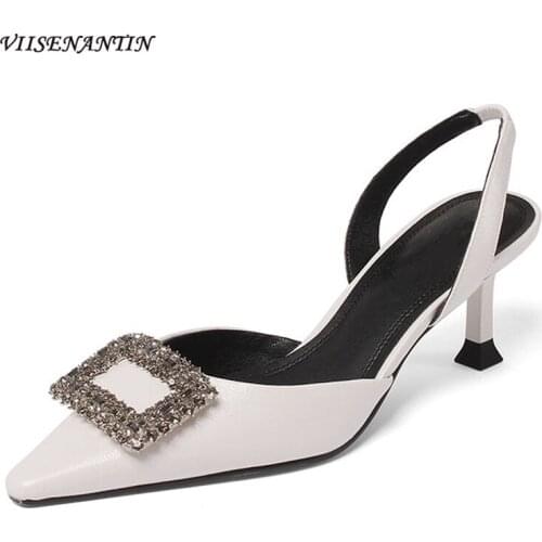 White pointed-toe stiletto sandals female 2021 spring and summer new style cowhide rhinestone square buckle fashion high heels