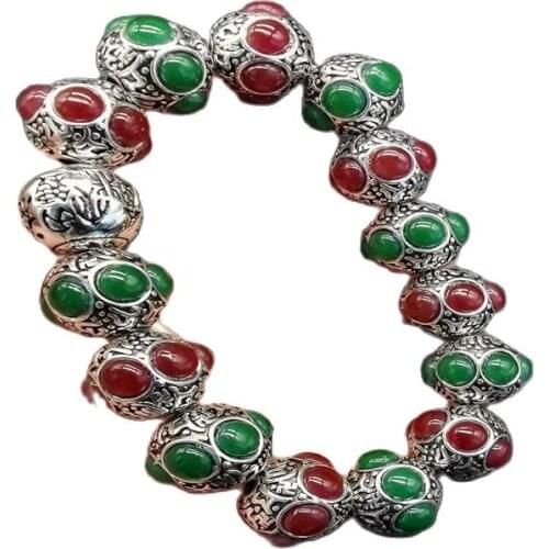China Old Tibetan Silver Inlaid Green Colour Jade Bead Hand String Bracelet