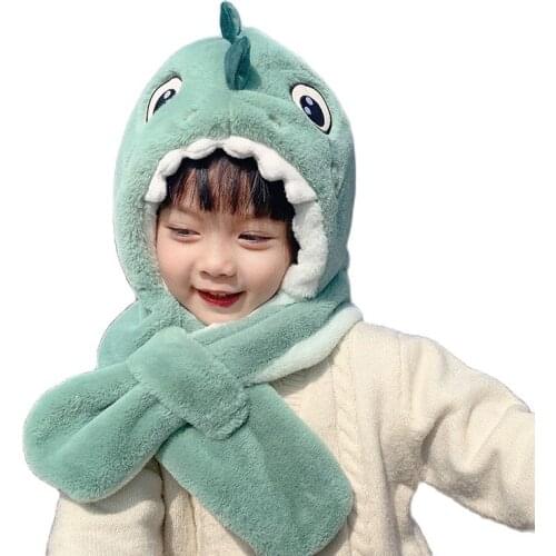 Doitbest Cartoon Dinosaur children winter hats beanies set kids Child Knitted fur hat scarf One-piece boys girls Earflap caps