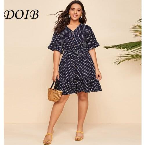 DOIB Women Polk Dot Plus Size Dress Navy Blue Ruffle Short Sleeve Sashes Button Large Size 2021 Summer Fashion Dress