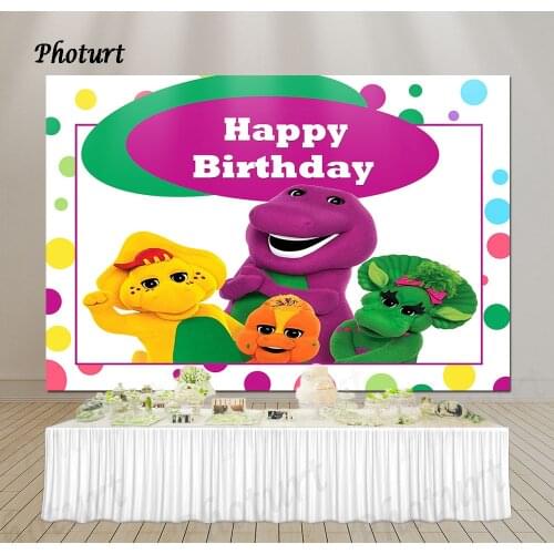 PHOTURT Dinosaur Barney Backdrop Kids Birthday Background Purple Green Toy Polyester Vinyl Photography Banner Decorate Props