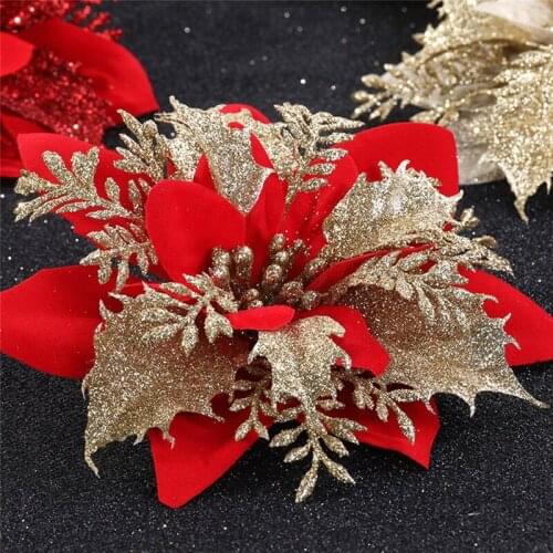 10Pcs Artificial Christmas Flowers Glitter Fake Flowers Merry Christmas Tree Decorations Xmas Ornaments New Year Gift