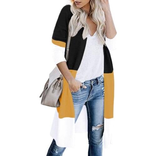 CS070 Hot Sale Sweater Contrast Colors Patchwork Cardigan Jersey Large Size Long Women Sweaters Knitted Coat Outwear