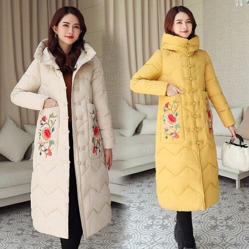 China Style Winter Jacket Women Over Knee Long Coat Hooded Print Long-Sleeved Down Cotton Jacket Parka Padded Plus Size D190829