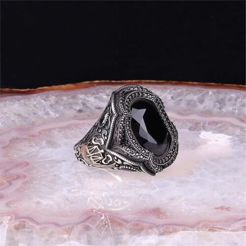 Black Glass Gemstone 925 Sterling 925 K Silver Men 'S Ring