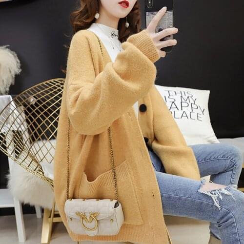 Korean Solid color Women V-neck Knit Cardigan Long sleeve Single-breasted Autumn Loose Big pockets Casual Knitted Sweater Tops