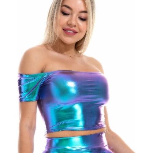 Summer Sexy Slash Neck Off Shoulder Metallic Crop Top Glitter Holographic Tank Top Short Women Rave Festival Clubwear harajuku