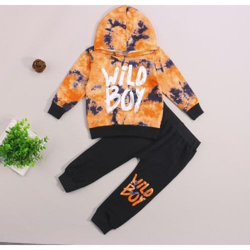 1-6Y Fashion Kids Boys Clothes Sets 2pcs Letter Tie-Dye Printed Pullover Hooded Tops Pants Outfits Autumn