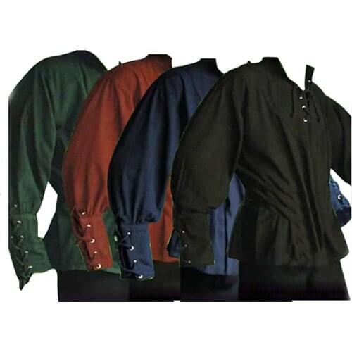 Men Medieval Renaissance Grooms Pirate Reenactment Larp Costume Lacing Up Shirt Bandage Top Middle Age Clothes for Adult XXXL