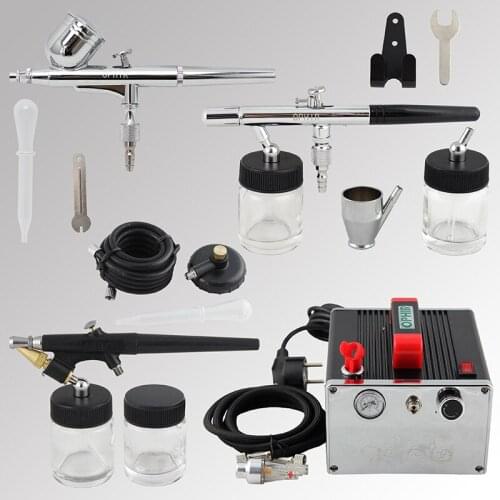 OPHIR 3x Dual-Action & Single-Action Airbrush Kit w/ Air Compressor for Temporary Tattoo Cake Decoration Nail_AC091+004A+071+072