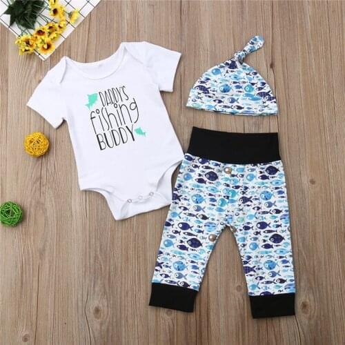 Toddler Baby Boys Newborn Clothes Geometry Pants Fish print Hat round neck short sleeve Bodysuit 3pc cotton kids lovely Outfits