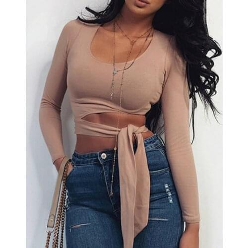 Autumn Spring Basic Tops Ladies Solid Long Sleeve Square Neck Bandage Tie Bow Pullover Womens T-shirt Slim Hollow Out Tee