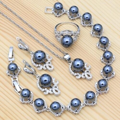 Punk Style Jewelry Set Black Pearl 925 Sterling Silver Earrings Ring Pendant Chain Bracelet for Womens Party Accessories