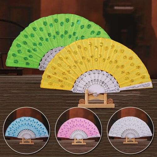 Peacock Pattern Sequin Fabric Hand Fan Craft Decorative Chinese Style Party Dance Ladies Show Fan Multiple Colour