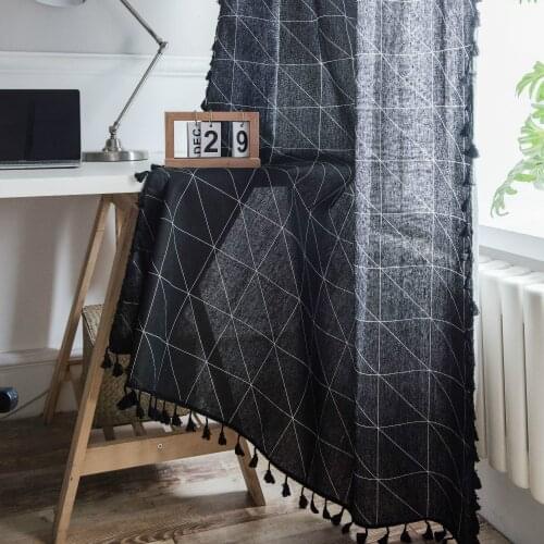 Nordic Simple Black Geometric Printed Tassel Curtain Partition Curtain Home Cotton And Linen Semi-Shading Curtain Decoration