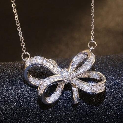 Luxury Female Crystal Bowknot Chain Necklace Cute Silver Color Wedding Necklace Dainty White Zircon Pendant Necklaces For Women