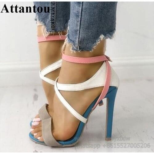 New Fashion Color Patchwork Thin High Heel Open Toe Women Summer Party Shoes Show Sandals