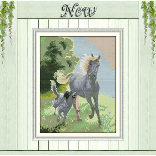 Dog and horse travel together animals painting counted print on canvas DMC 14CT 11CT Cross Stitch Needlework Set Embroidery kits