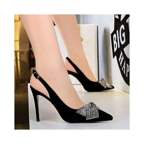 Crystal Women Pumps Butterfly-knot Flock Shallow High Heels 9.5CM Luxury Female Shoes Back Strap Stilettos Wedding Party Shoes