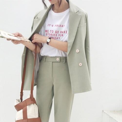 2020 Vintage Light Green Notched Blazer Spring Summer Women Pant Suit Office Wear Women Suits Female 2Piece Suits(Jacket+Pants)