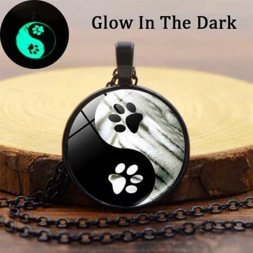 Statement Glass Luminous Pendant Necklace Yin Yang Taiji Dog Footprints Pattern Women Men Fashion Glowing Sweater Chain Jewelry