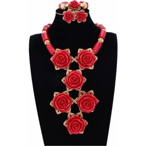Original Nature Flower Coral Beads Jewelry Sets Red Necklace Set African beads Jewelry With Necklace and Earrings Bracelet 2018