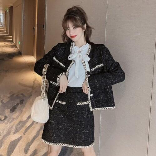 2021 New mature style Ladies Suit tweed cardigan jacket + hip sexy suspender Dress Ladies two-piece female small fragrance Suit