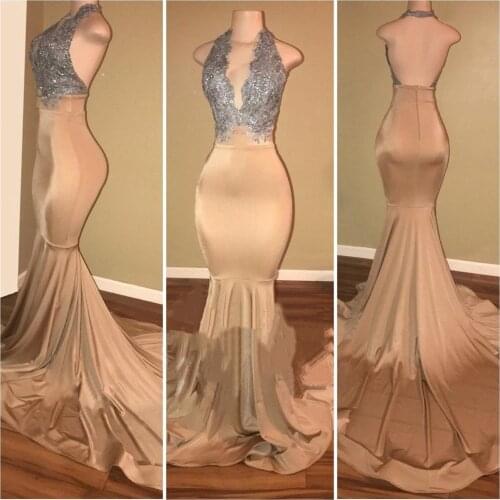 Sexy Silver Lace Mermaid Champagne Prom Dresses Long Elegant Halter Neck Sequins Prom Evening Gowns Robe De Soiree