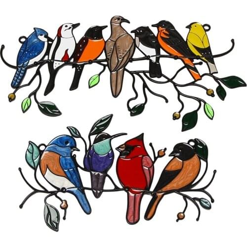 2Pcs Pendant Mini Stained Bird Glass Window Hangings Iron Wall Hanging Colored Birds Decor Room Accessories