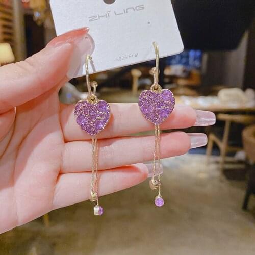 2021 Korean Sweet Simple Heart Drop Earrings for Women Purple Rhinestone Long Tassel Chain Earrings Girls Party Jewelry