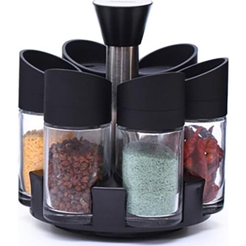 7Pcs Rotating Cruet Sets for Spice Container Seasoning Jar Salt and Pepper Shaker with Oil Vinegar Bottle Kitchen Storage Rack