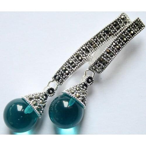 Free Shipping 12mm Two Round blue opal cat eye 925 Sterling Silver Marcasite Pendant 58*20mm