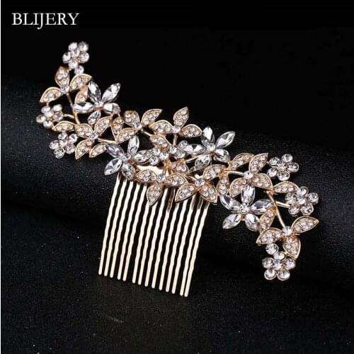 BLIJERY Large Gold Color Crystal Flower Wedding Hair Combs For Women Long Bridal Headpiece Brides Hair Jewelry Hair Accessories